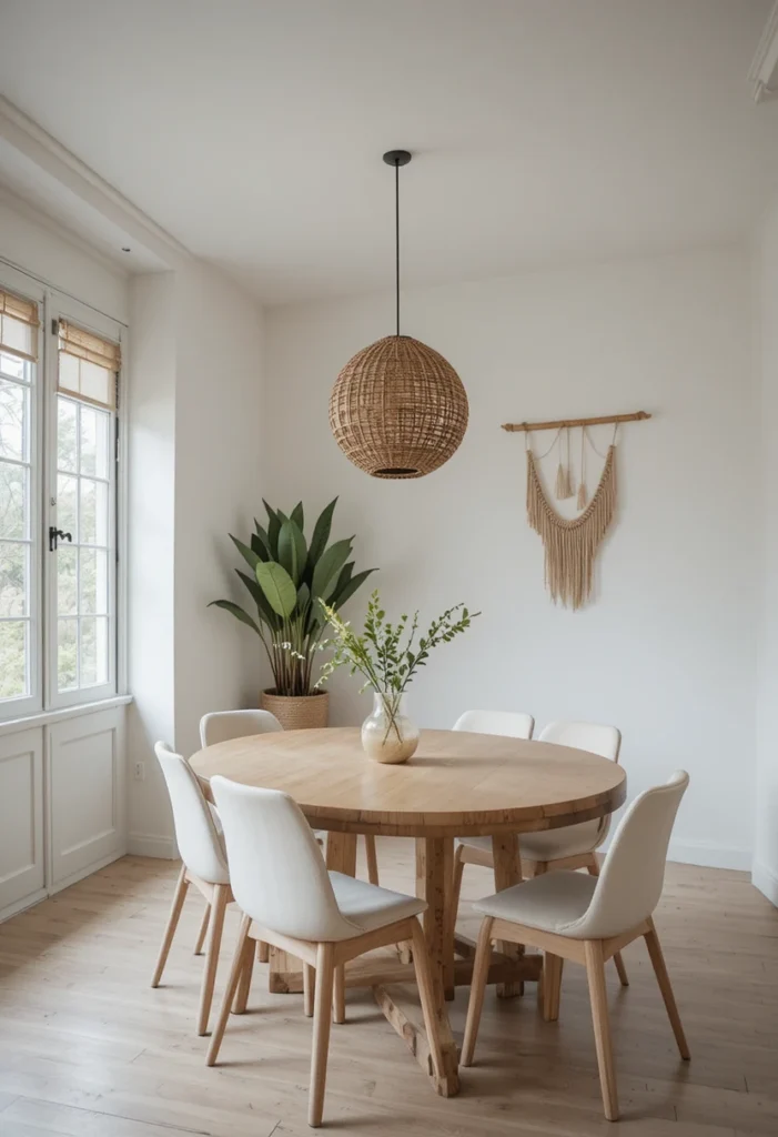 Minimal boho dining room with clean open space and natural decor.