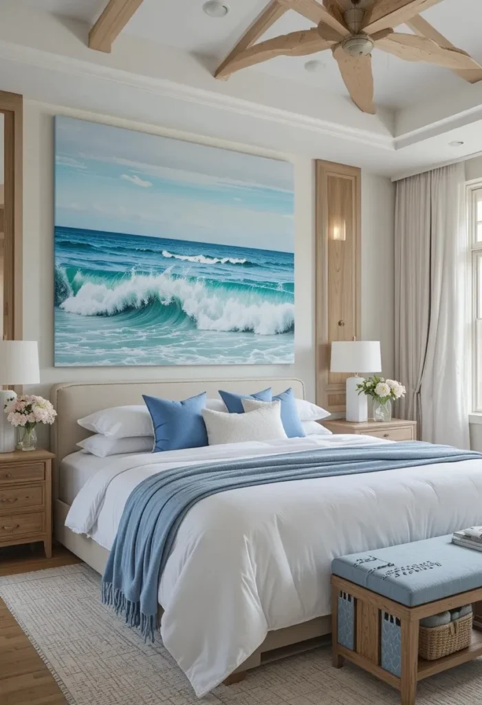 Ocean-inspired wall art in a beach bedroom