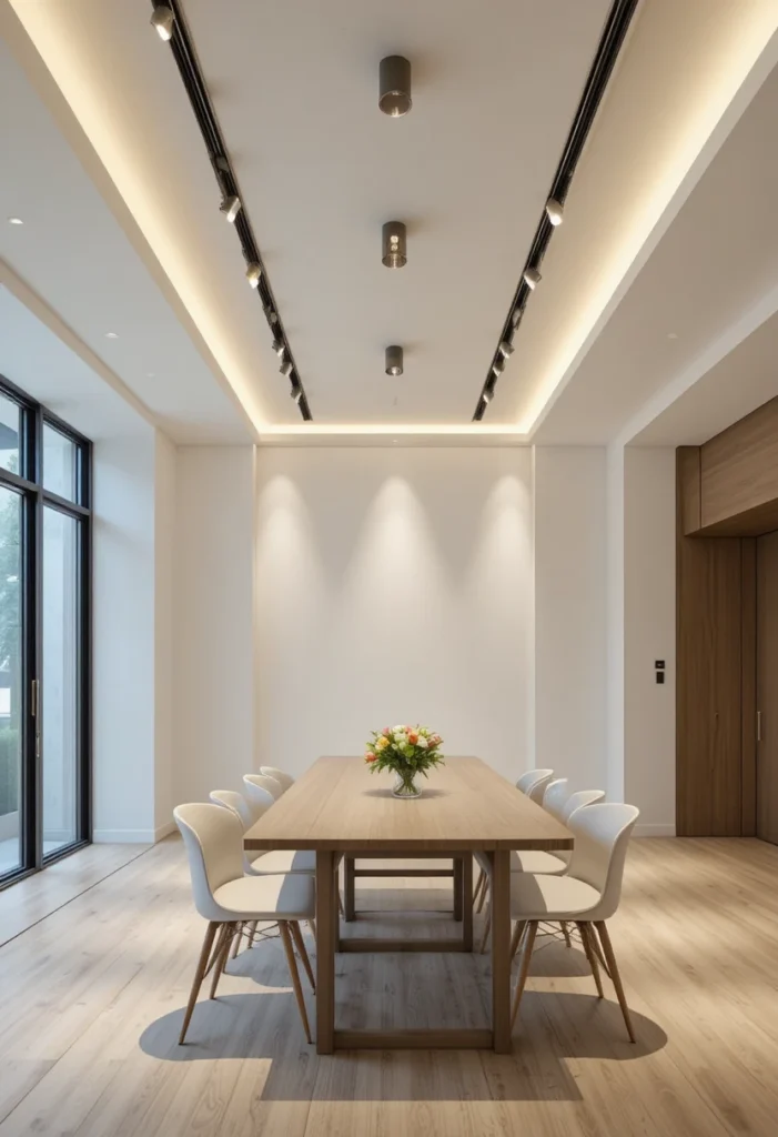Track lighting directing focused illumination over dining table