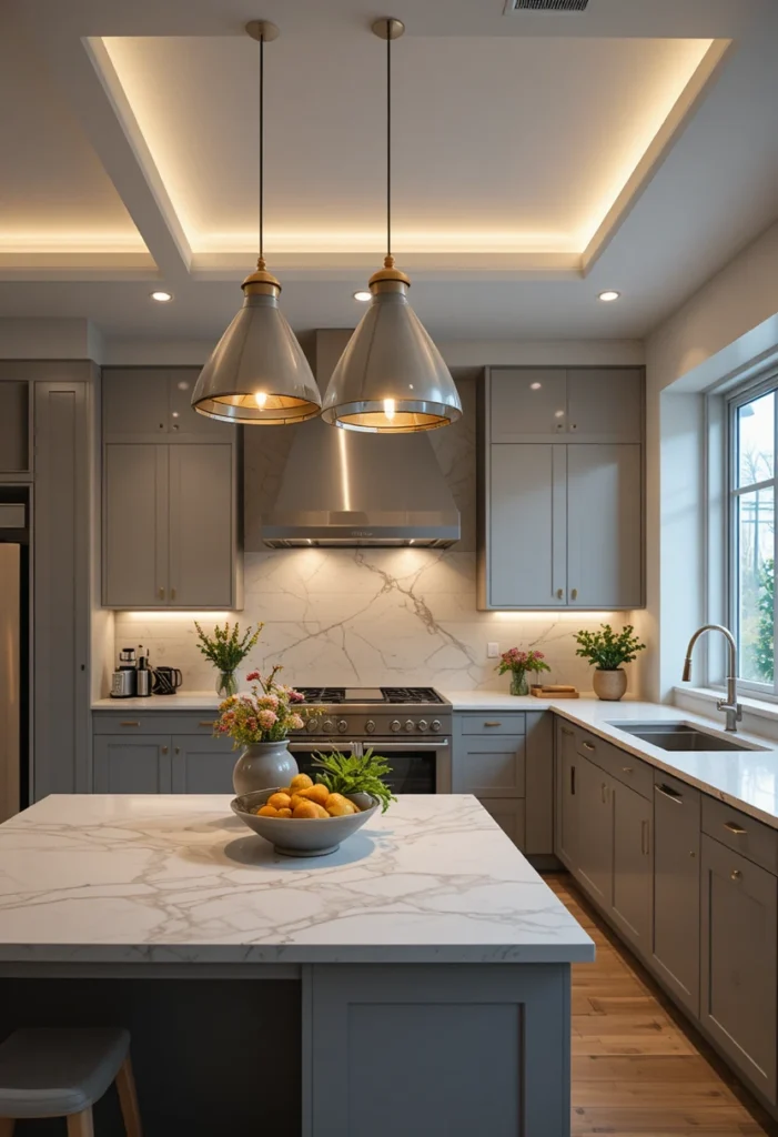 Layered kitchen island lighting combining pendants and ceiling lights