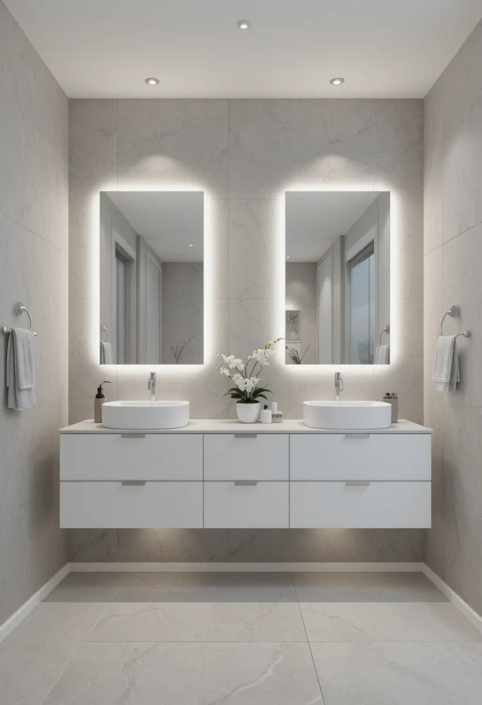 Floating double sink vanity with under-cabinet lighting in a modern minimalist bathroom.