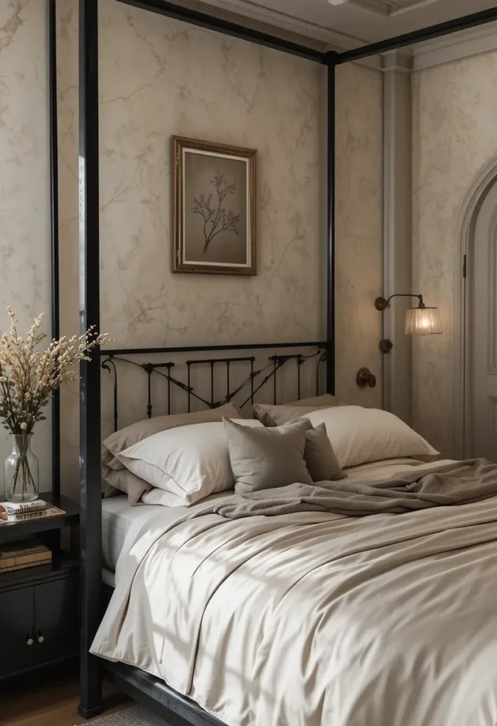 black minimalist canopy bed in moody bedroom ideas with soft lighting