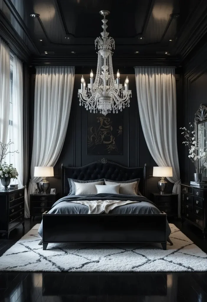 Silver chandelier in black and silver bedroom