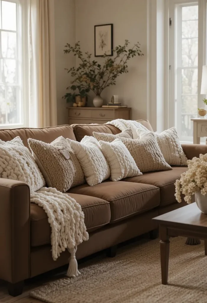 Brown couch living room with cream and beige textures
