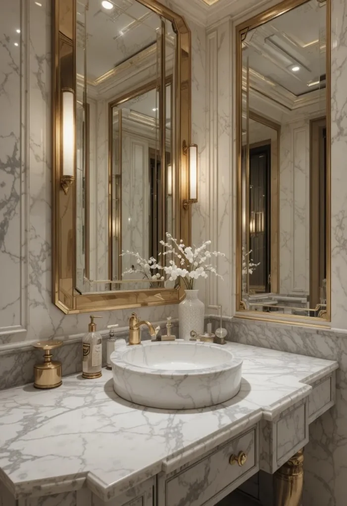 White marble bathroom sink countertop with elegant gold details.