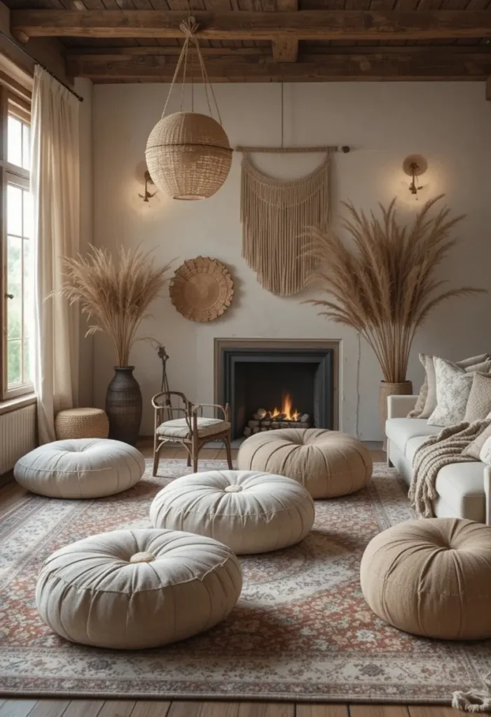 Boho floor cushions and poufs in a cozy living room