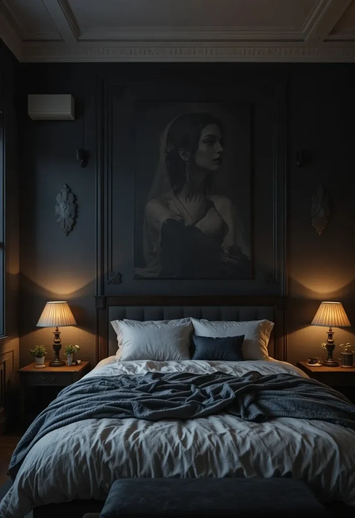 Emerald green velvet bedding, dark green walls, gold lamps, plants in corners, luxurious cozy atmosphere