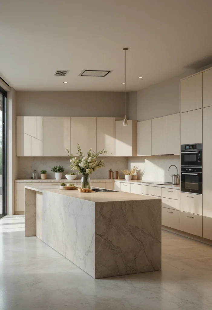 Minimal neutral kitchen with sleek island and soft modern styling.