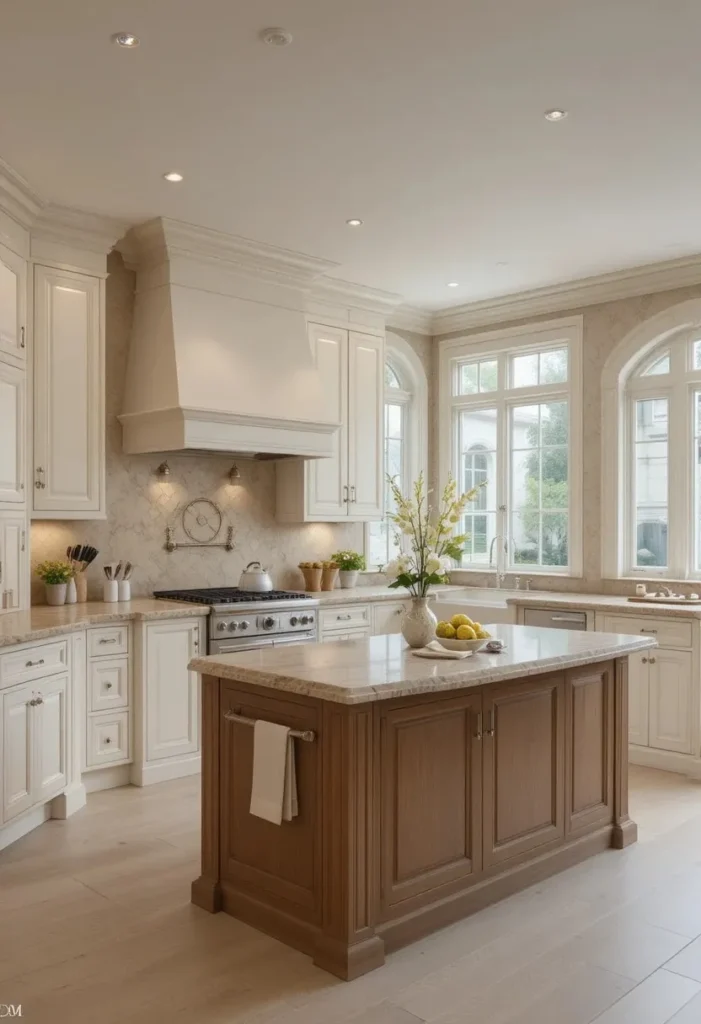 Neutral U shaped kitchen with warm wood island and elegant design.