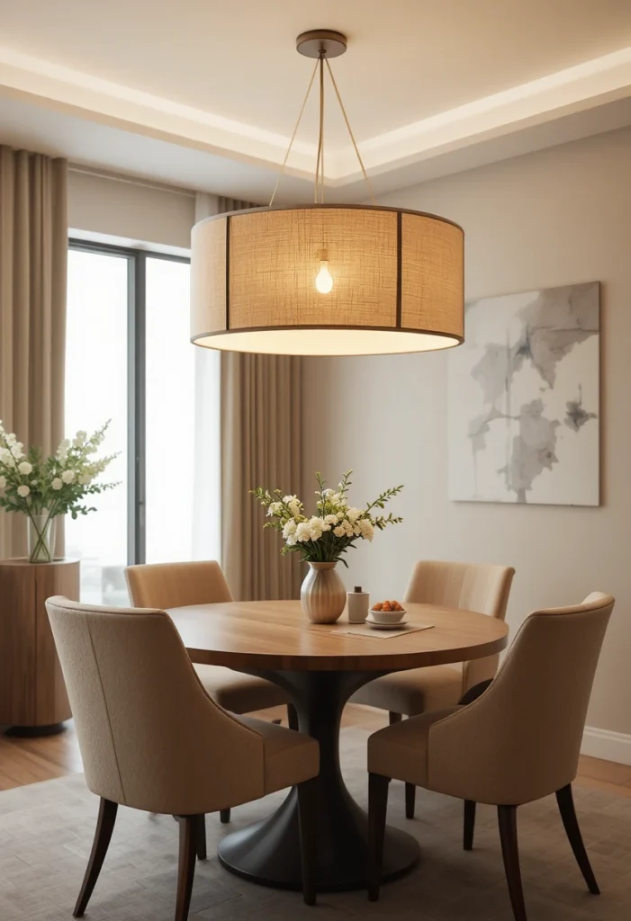 Drum shade light giving soft balanced glow above dining table