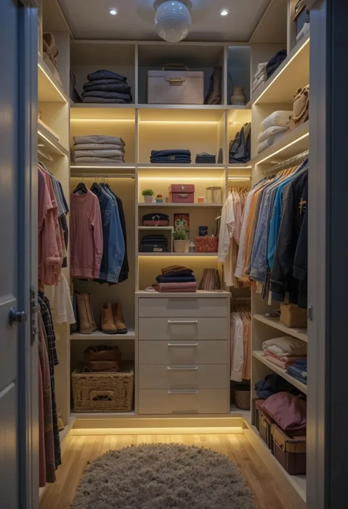 Soft LED lighting inside kids closet creating warm and visible storage space