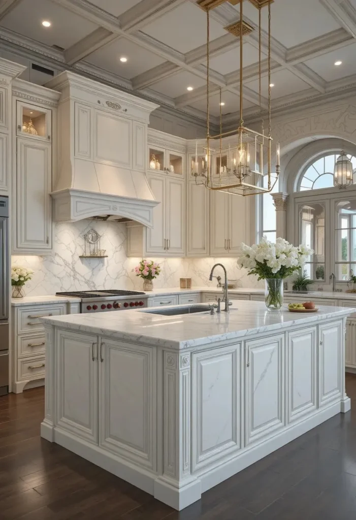 Elegant kitchen featuring a marble island and warm luxury finishes.