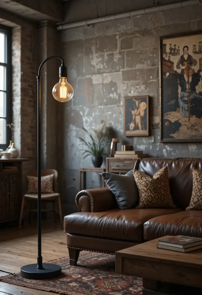 Industrial black floor lamp in a modern loft-style living room.