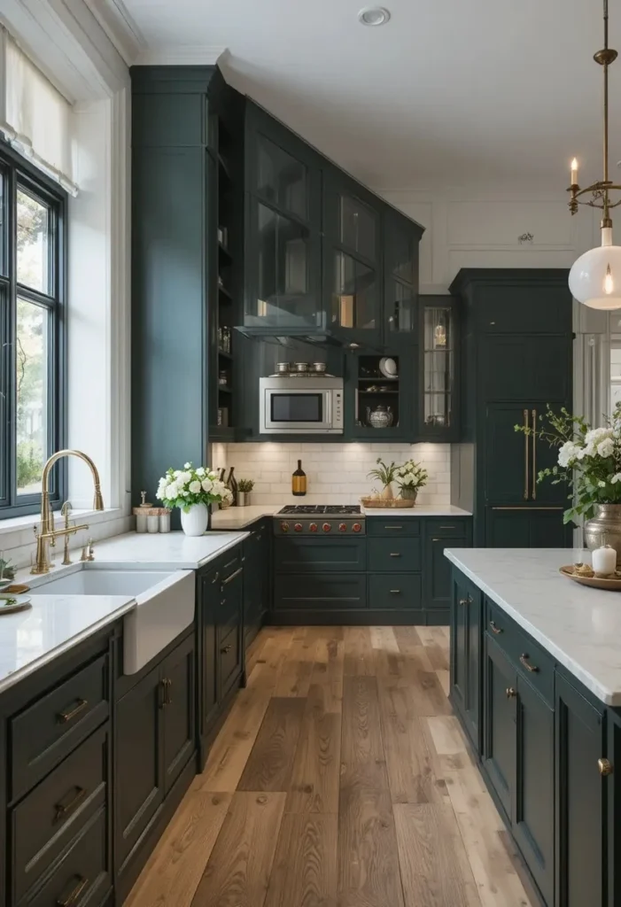 Long kitchen with dark lower cabinets and bright walls