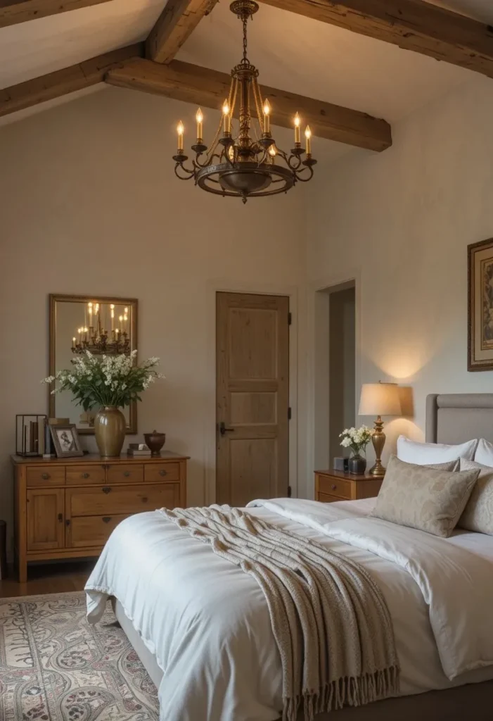 Wooden chandelier in a warm natural bedroom