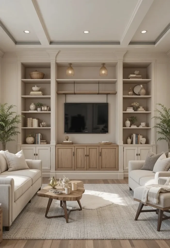 Neutral built-in shelves creating a soft and calming living room