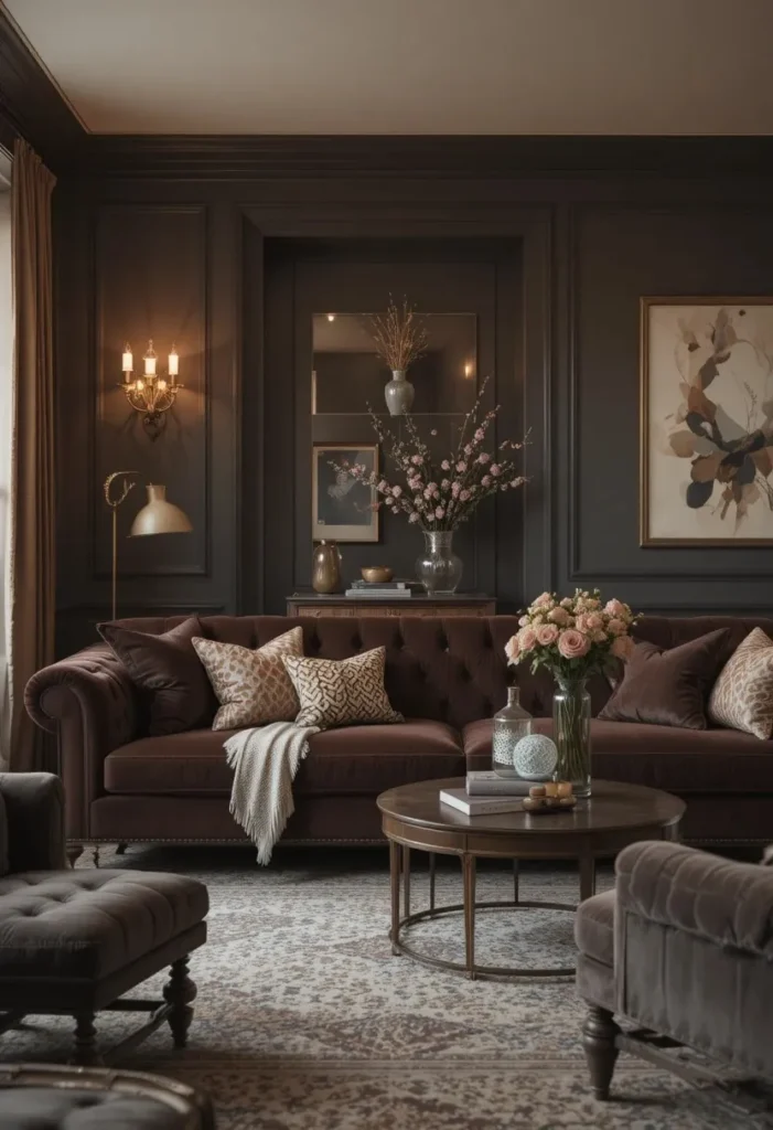 Chocolate brown living room walls with rich cozy textures.