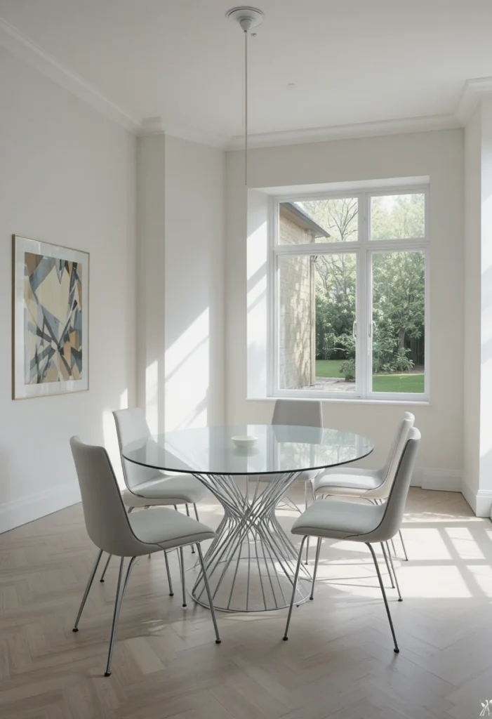 Modern dining room with glass table and airy open feel