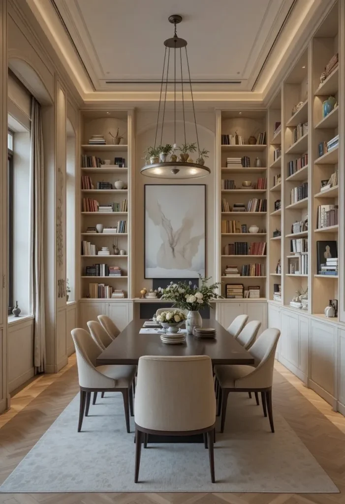 Dining room featuring built-in wall storage and warm layered decor.