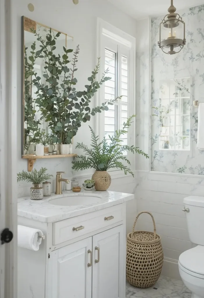 Guest bathroom styled with greenery and fresh natural decor.