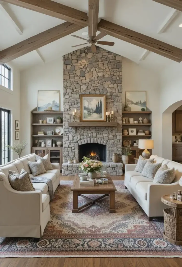 Rustic open-concept home with stone and wood textures