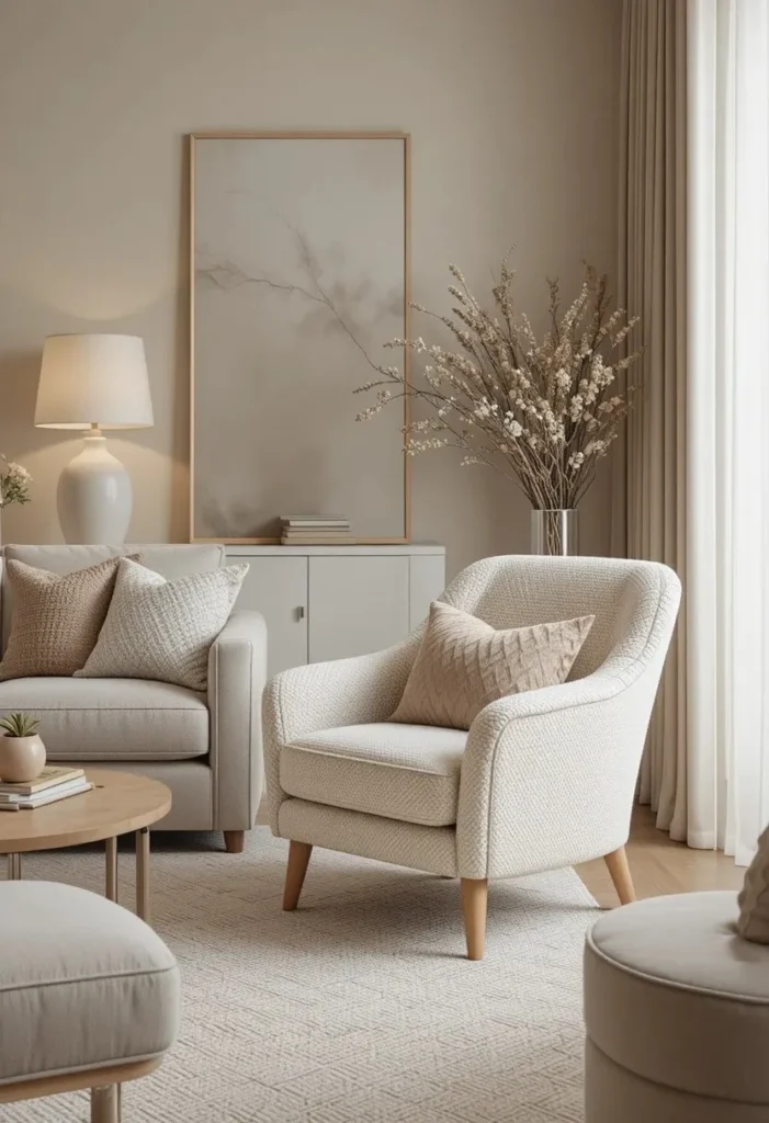 Cream boucle accent chair in a soft modern living room.