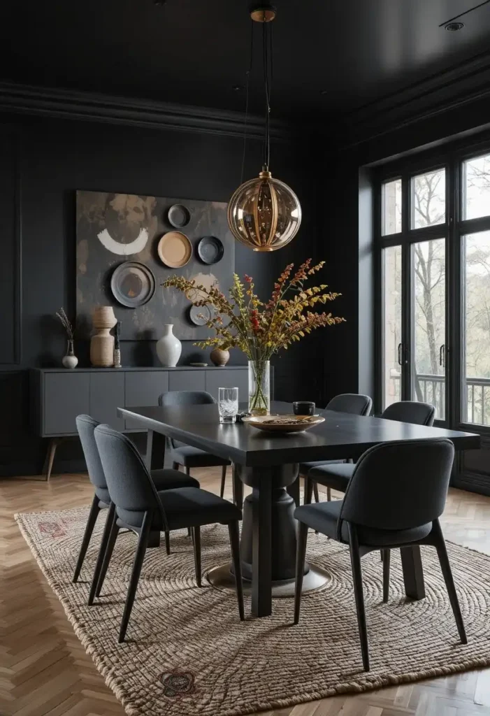 Black dining room ideas with textured elements for depth and warmth