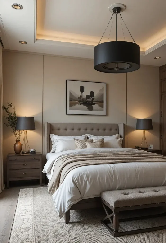 Black frame chandelier in a modern neutral bedroom