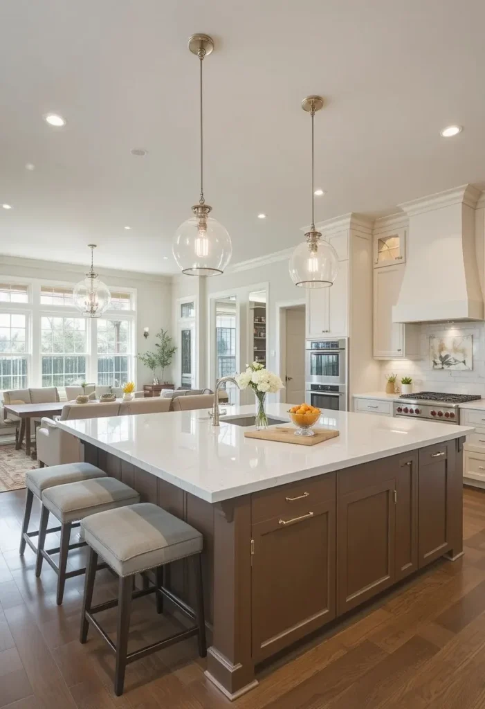 Open concept kitchen with large island connecting to living space.