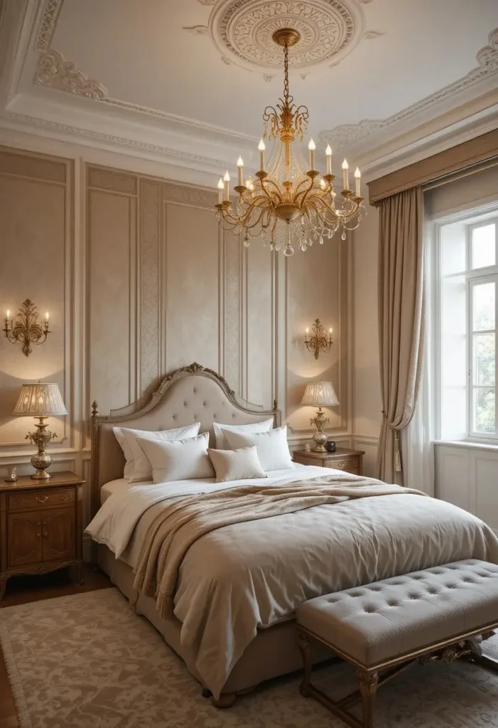 Gold chandelier in a warm luxurious bedroom