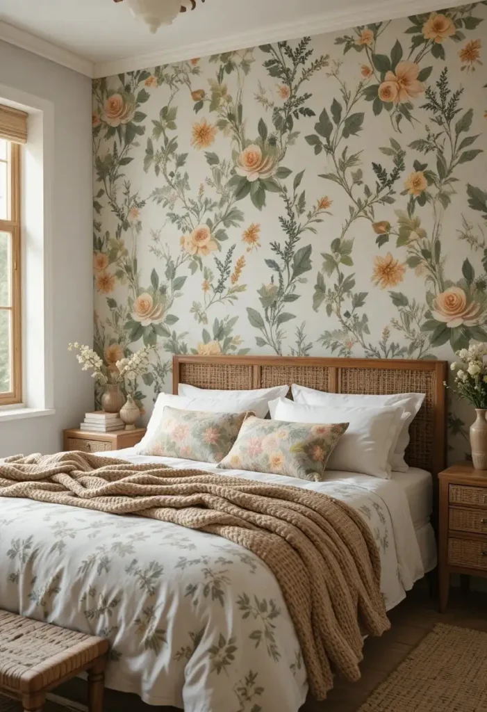 Botanical wallpaper bedroom with green and orange earthy decor