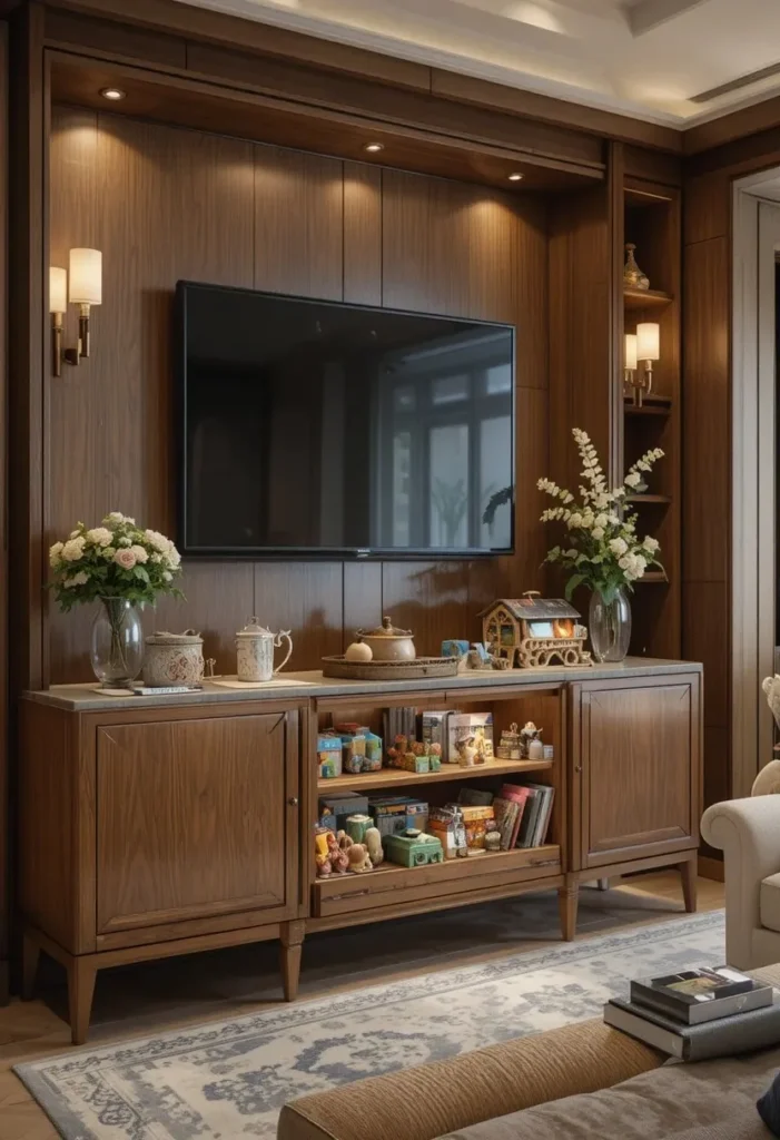 Stylish sideboard cabinet used to hide larger toys in the living room.