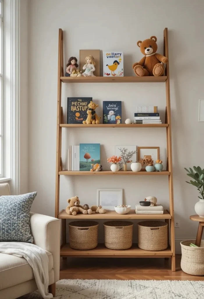 Ladder shelf organizing toys and books in a stylish living room.