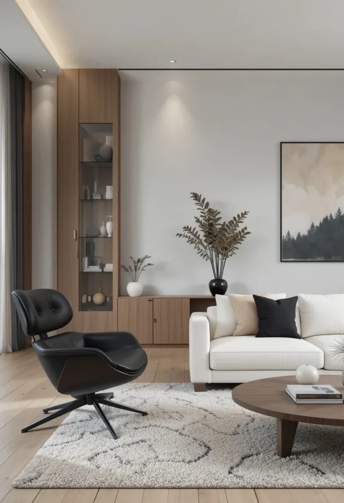 Black accent chair creating contrast in a neutral living room.