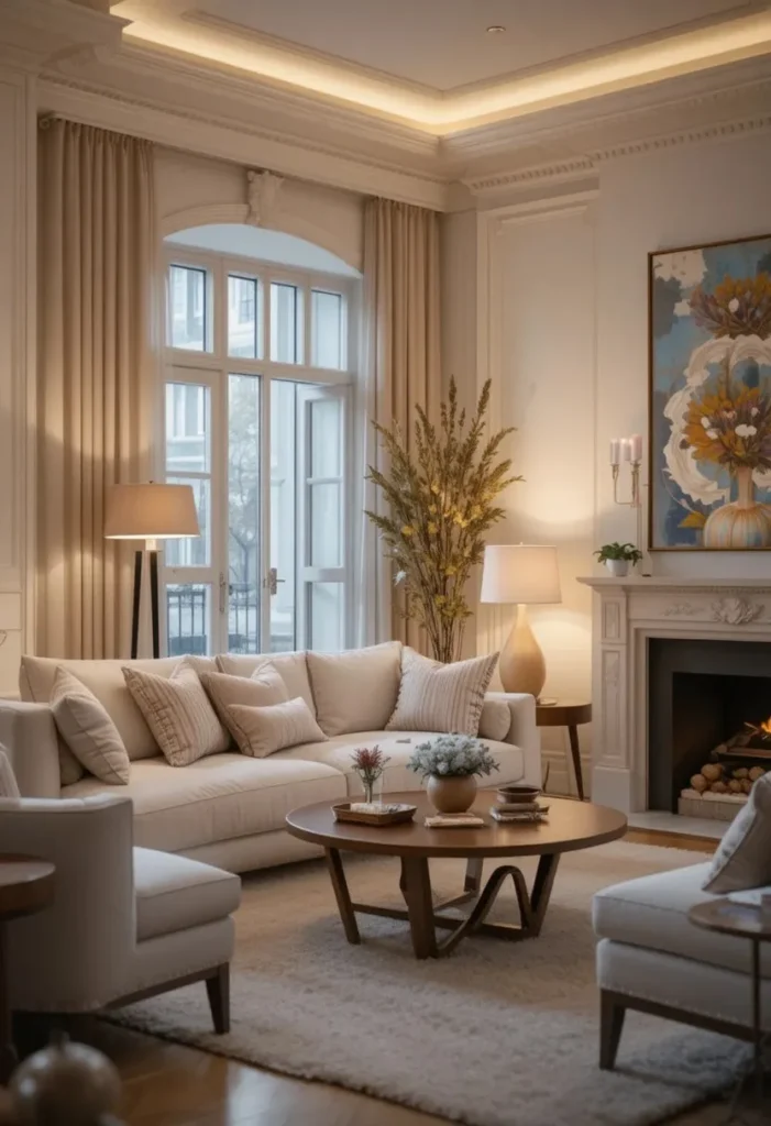 Layered floor lamp lighting creating a warm cozy living room atmosphere.