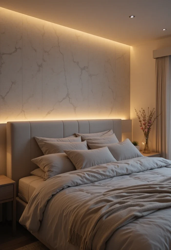 warm LED strip lights behind bedroom headboard with cozy lighting