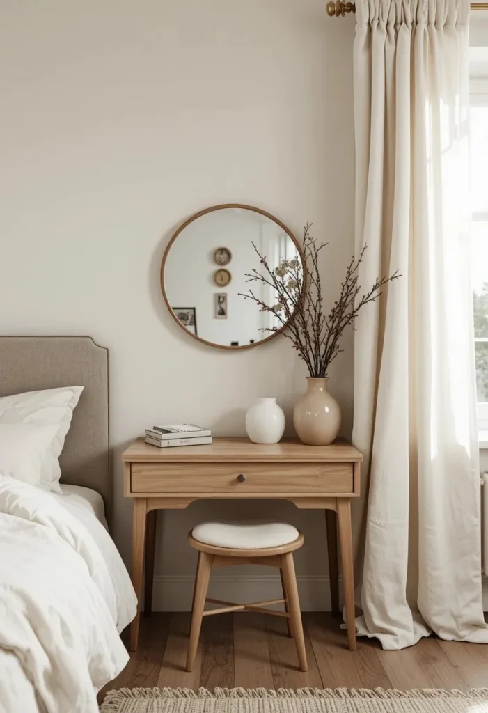 Minimal wooden dressing table with round mirror in a soft neutral bedroom