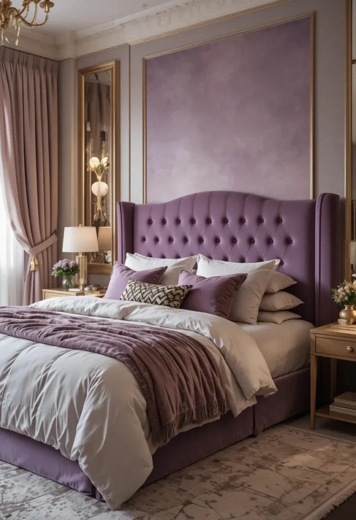 Dusty purple velvet headboard in elegant bedroom