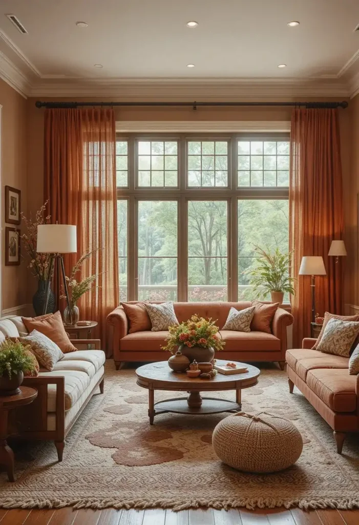 Warm earth-tone curtains in a cozy layered living room.