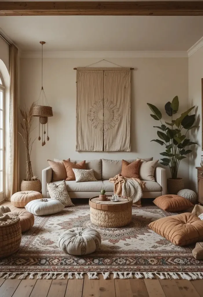 Low relaxed furniture in a boho living room