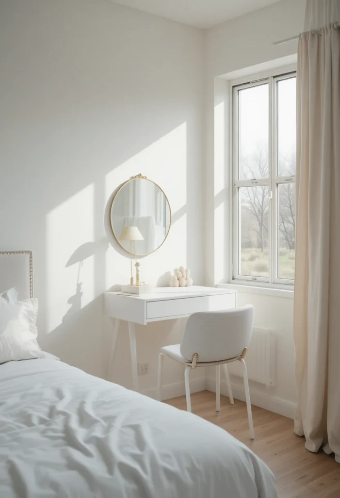 minimal white vanity bedroom ideas with natural light and clean aesthetic