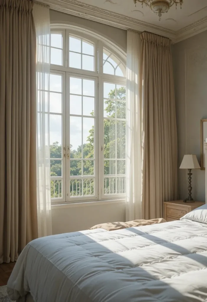 Window-style mirror creating an illusion of extra space and doubling natural light in bedroom.