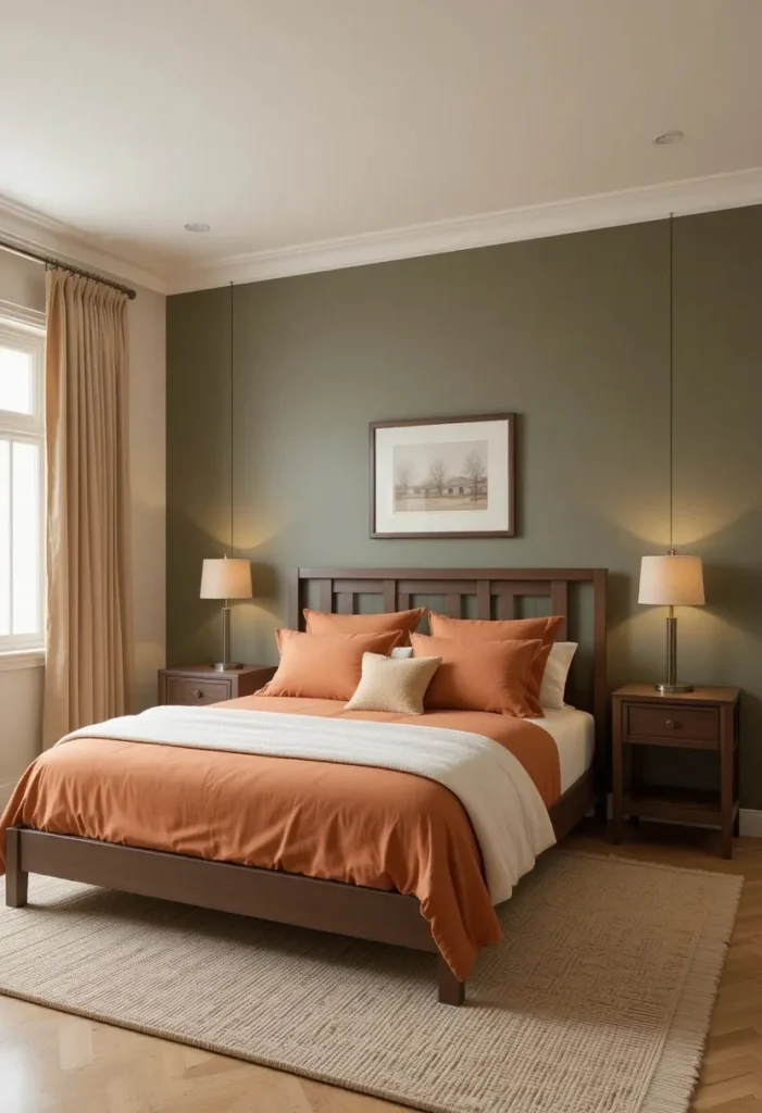 Olive green bedroom with burnt orange bedding and warm earthy decor