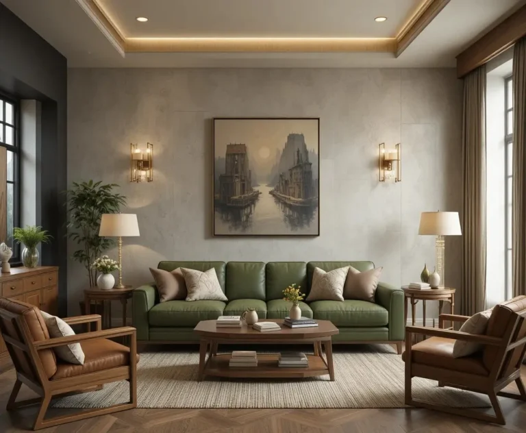Stylish living room with green leather couch