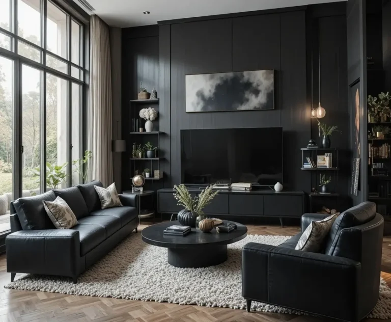 Full view of black furniture living room look