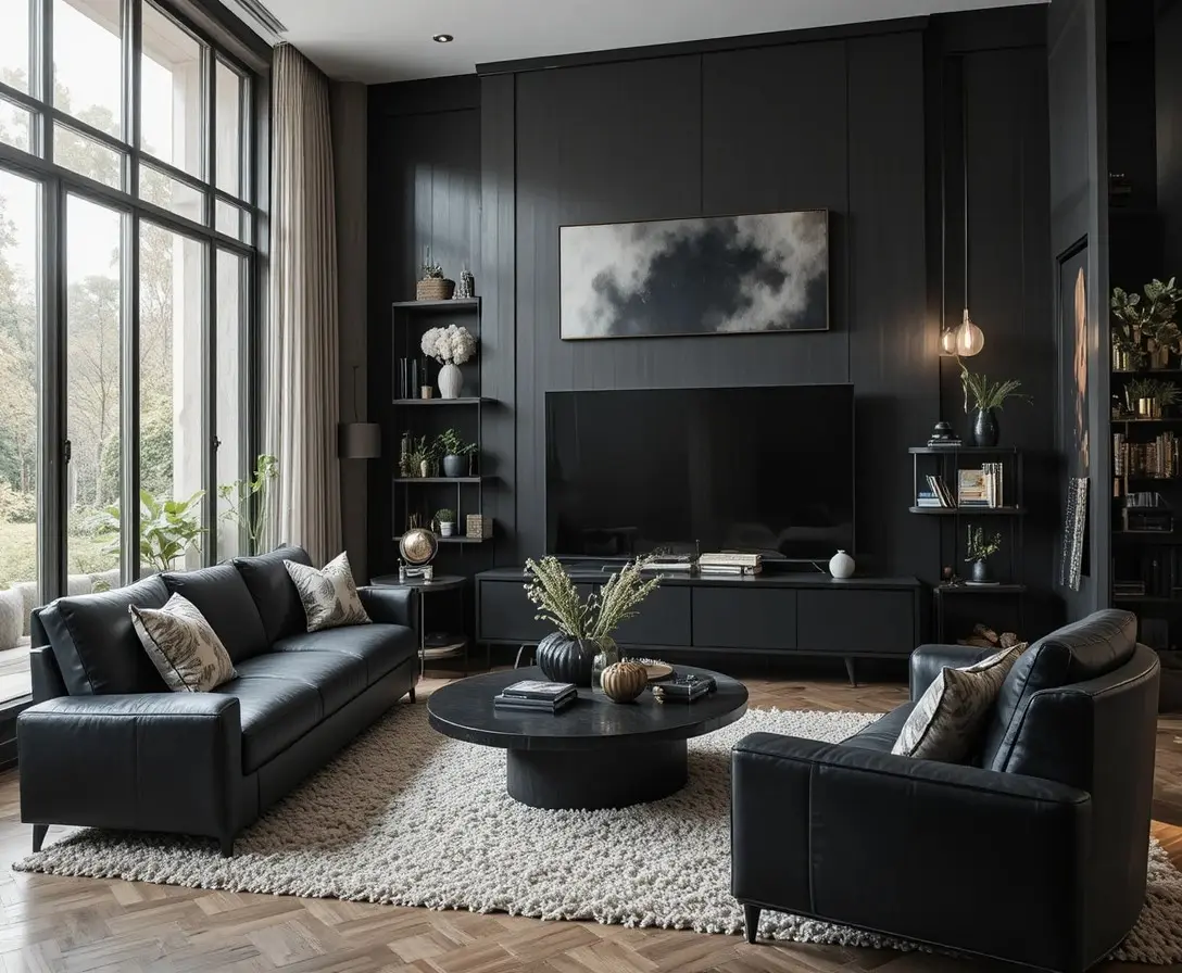 Full view of black furniture living room look