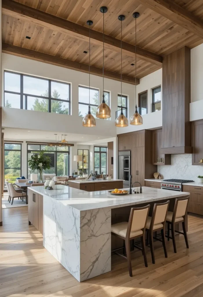 Open concept U shaped kitchen with large island and seating area.