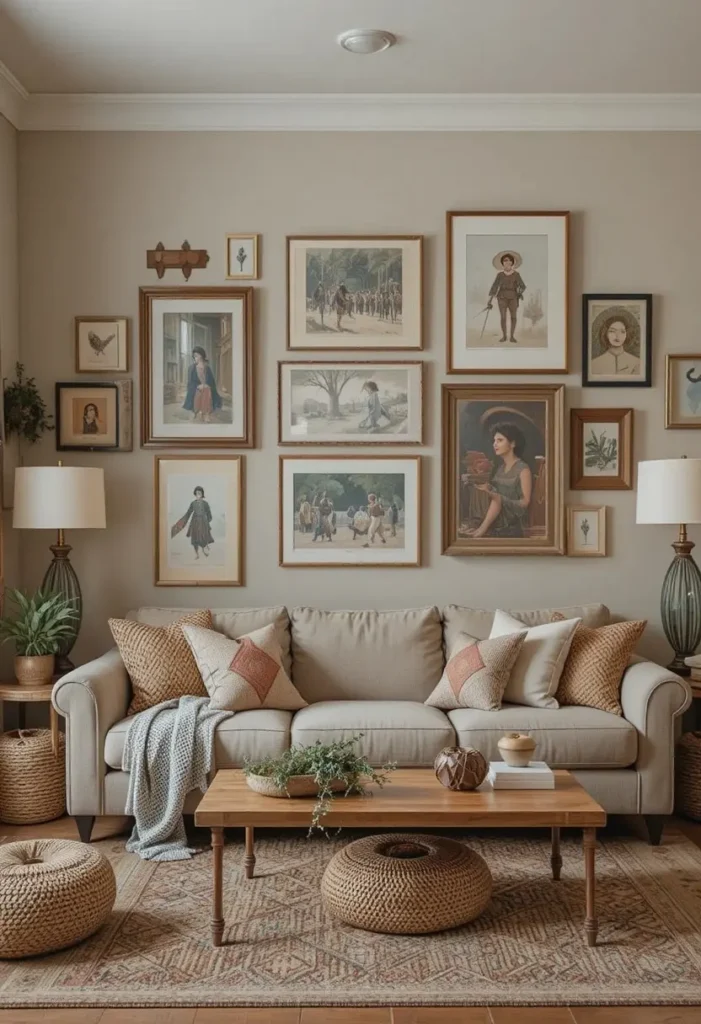 Relaxed gallery wall in a boho living room
