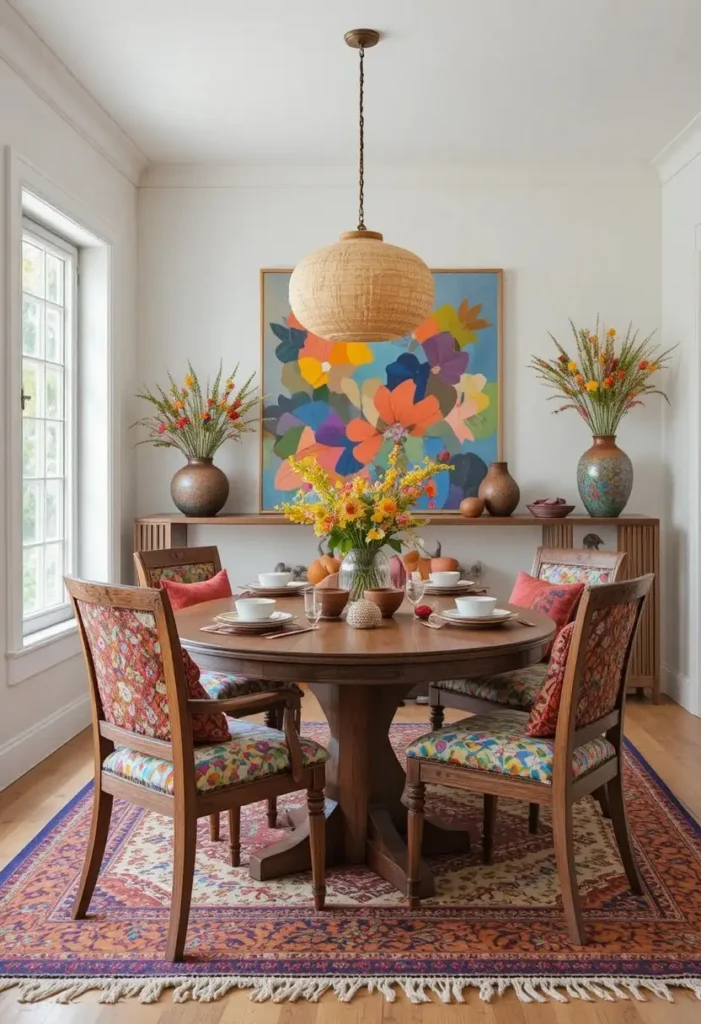Colorful artistic boho dining room with vibrant decor accents.