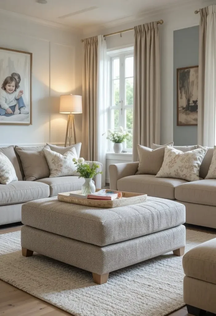 Neutral storage ottoman with hidden toy storage in a cozy living room.